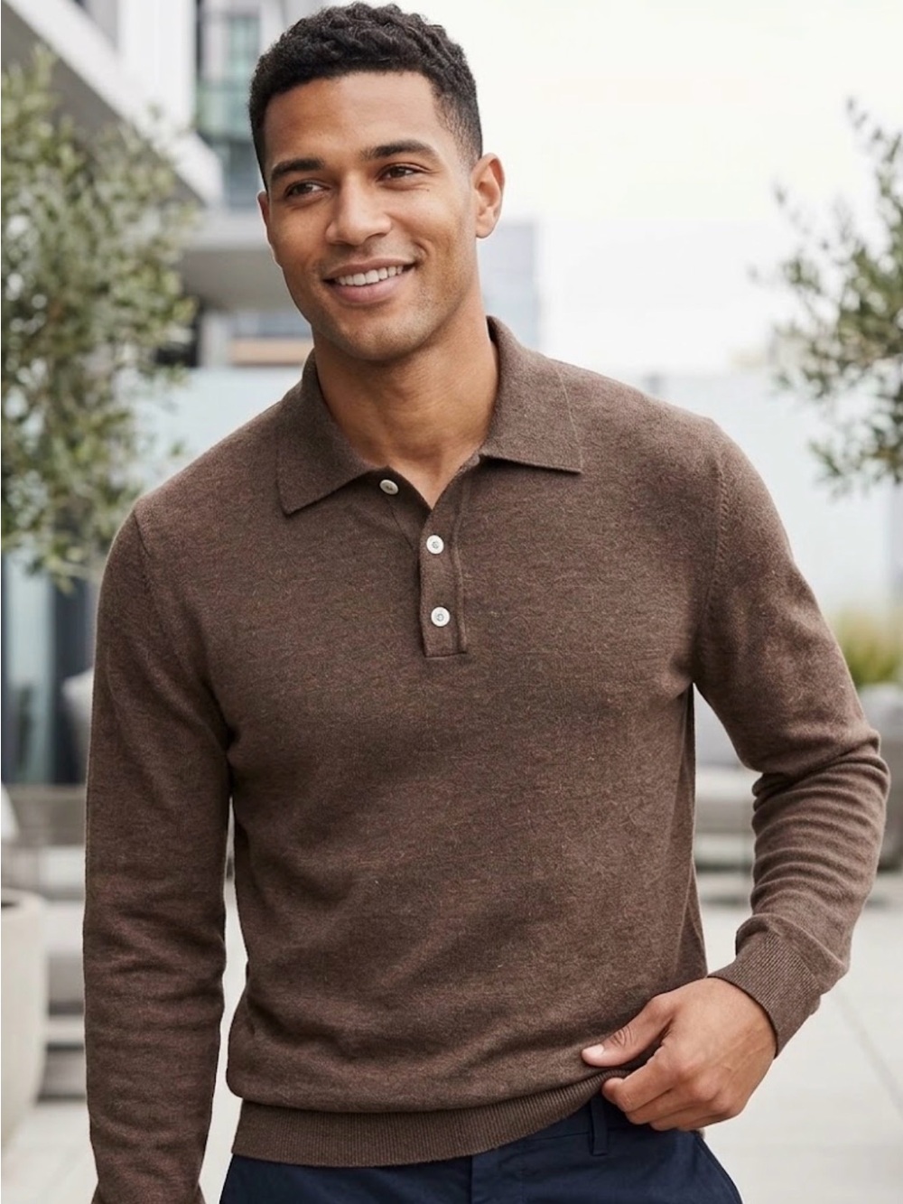 Banana Republic Men's Brown Long-Sleeve Polo Sweater Wool blend